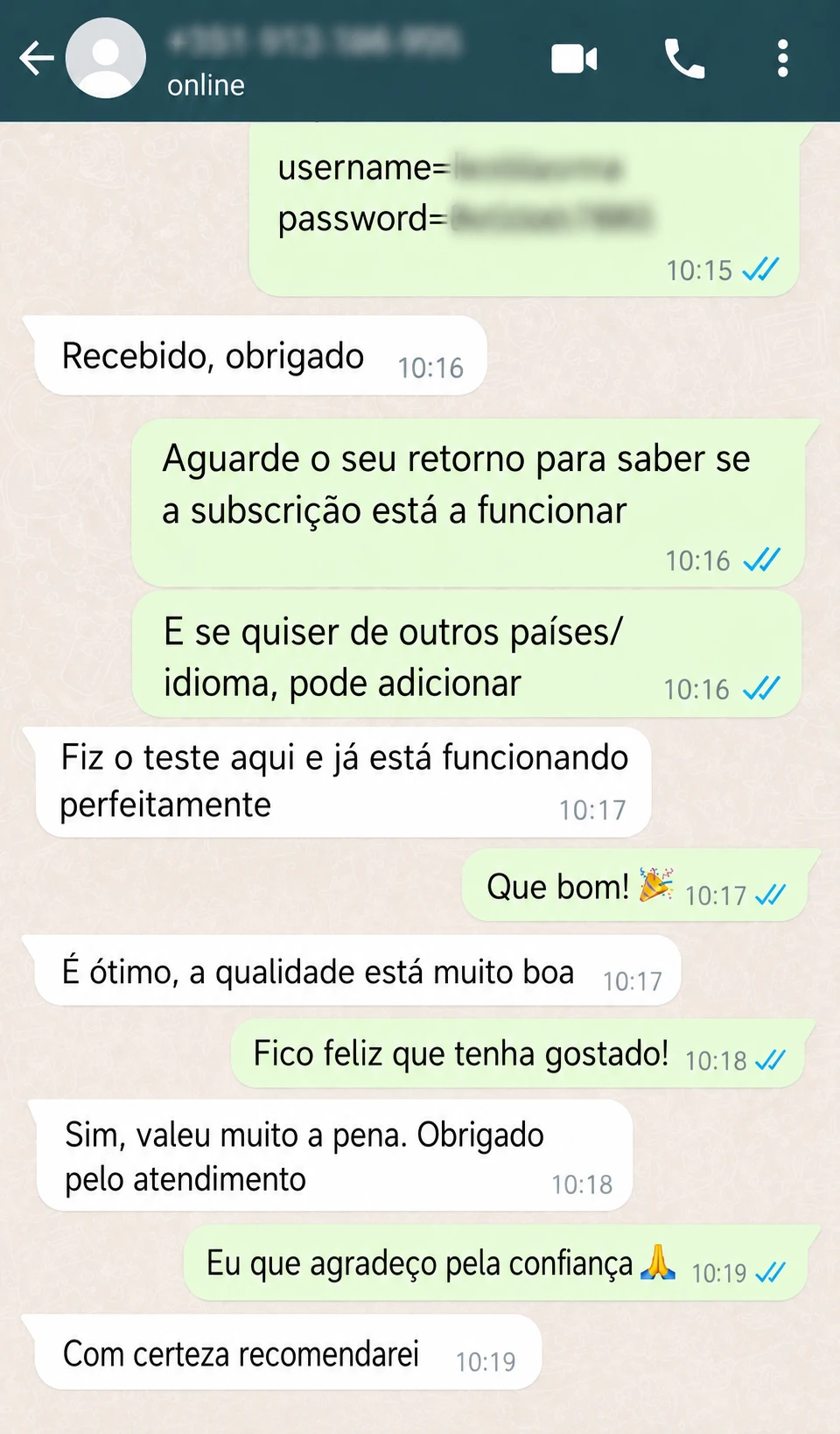 Screenshot WhatsApp com feedback positivo após ativação do IPTV Portugal